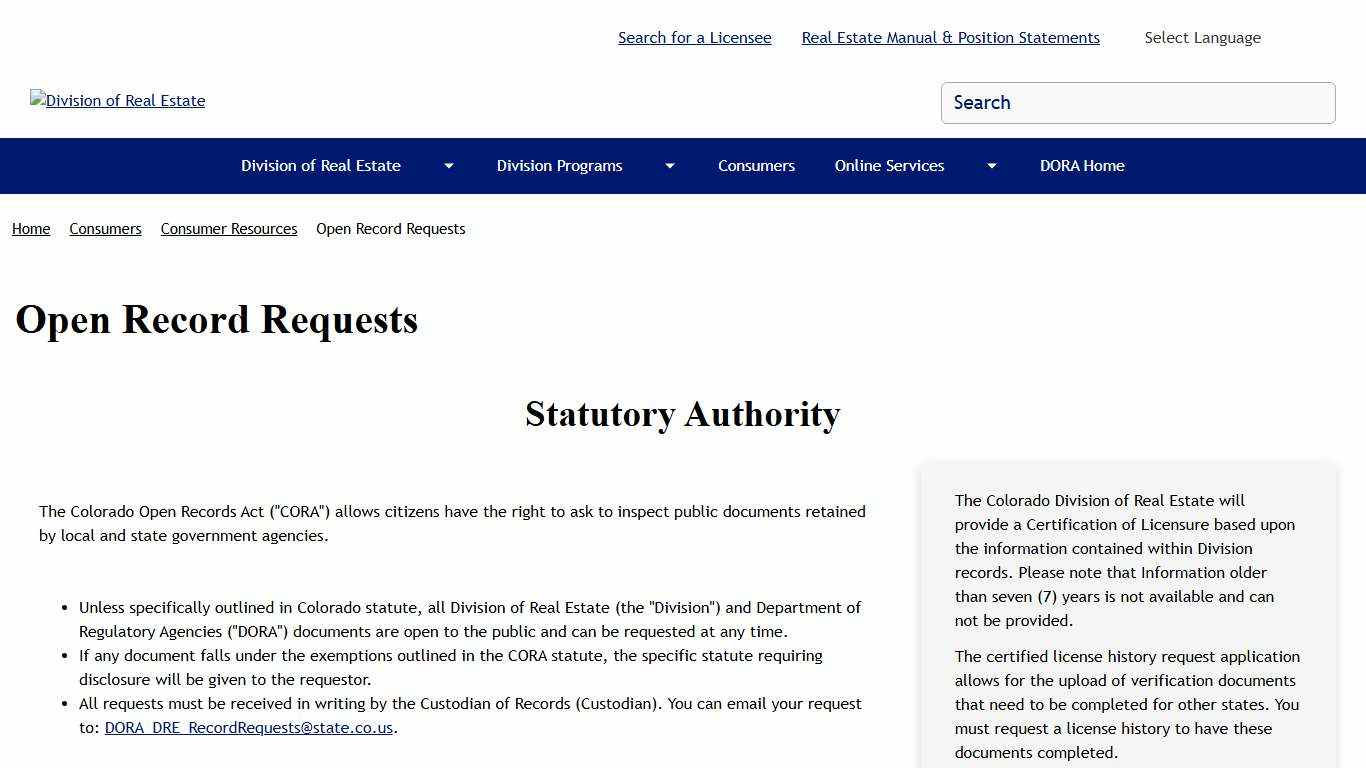 Open Record Requests Division of Real Estate